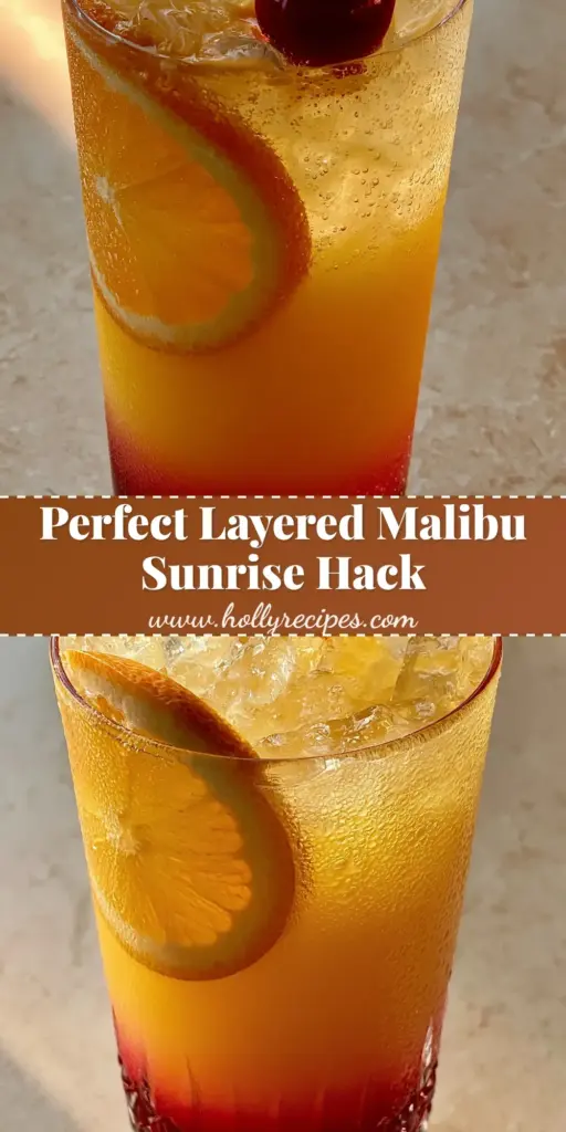 A perfect layered Malibu Sunrise cocktail in a crystal Collins glass with clear ice and a cherry on top.