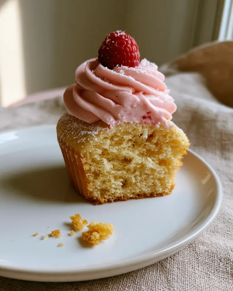 Cupcake Perfection with Vanilla Bean and Glossy Raspberry Buttercream 1 Eye-level shot of a cupcake with thick pastel-pink frosting and a dusting of powdered sugar.