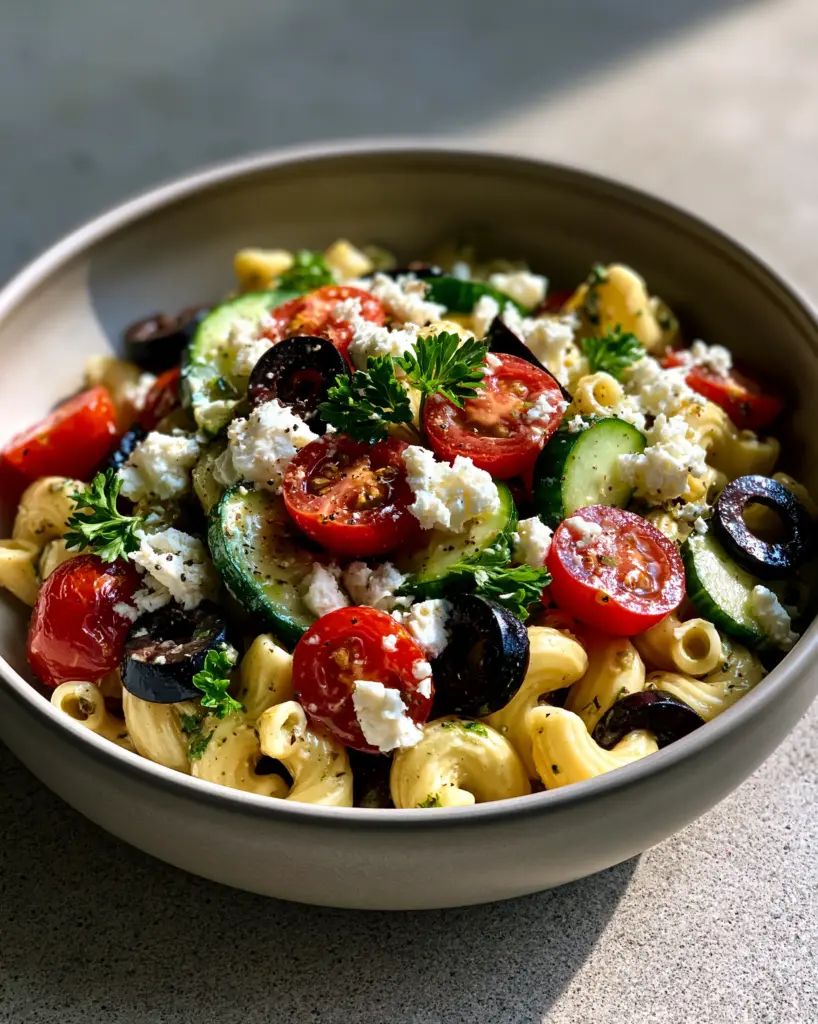 Full view of the vibrant pasta salad in a matte ceramic bowl on a concrete surface.