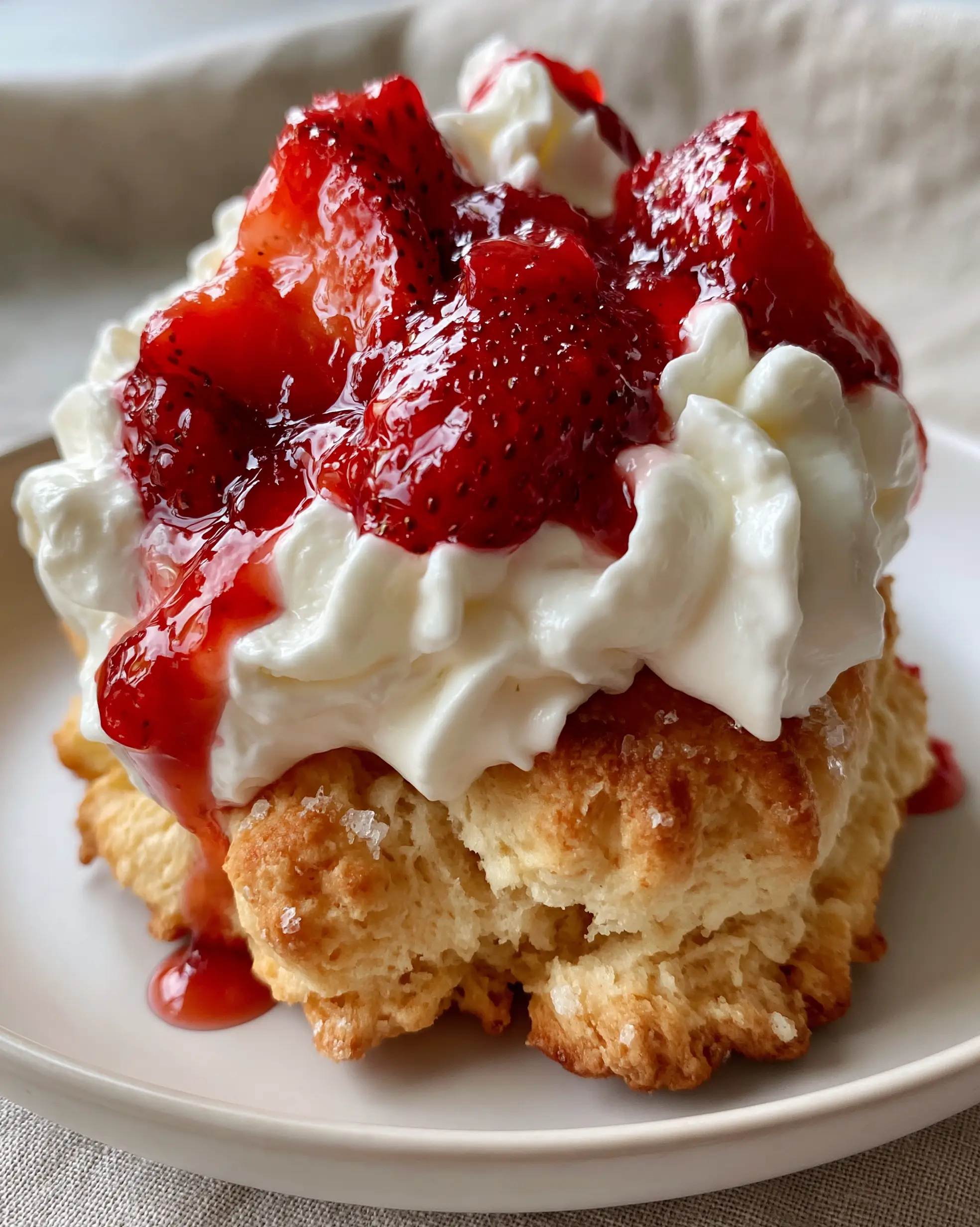 Macro shot of a thick golden-brown biscuit with craggy edges and coarse sugar crystals. (strawberry shortcake recipe)