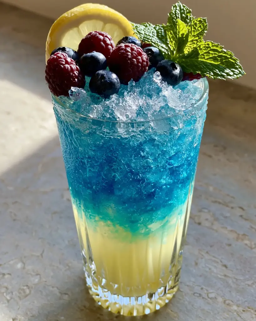 Natural daylight illuminating a blue raspberry lemonade on a stone countertop.