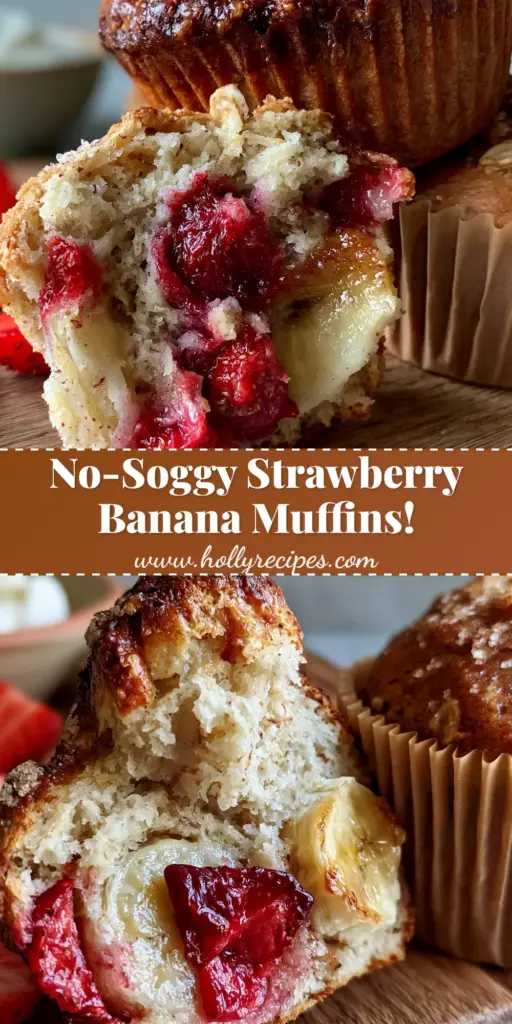 A split strawberry banana muffin showing the fluffy oatmeal crumb, jammy strawberry chunks, and caramelized banana slices on a wooden board. (strawberry banana muffins)