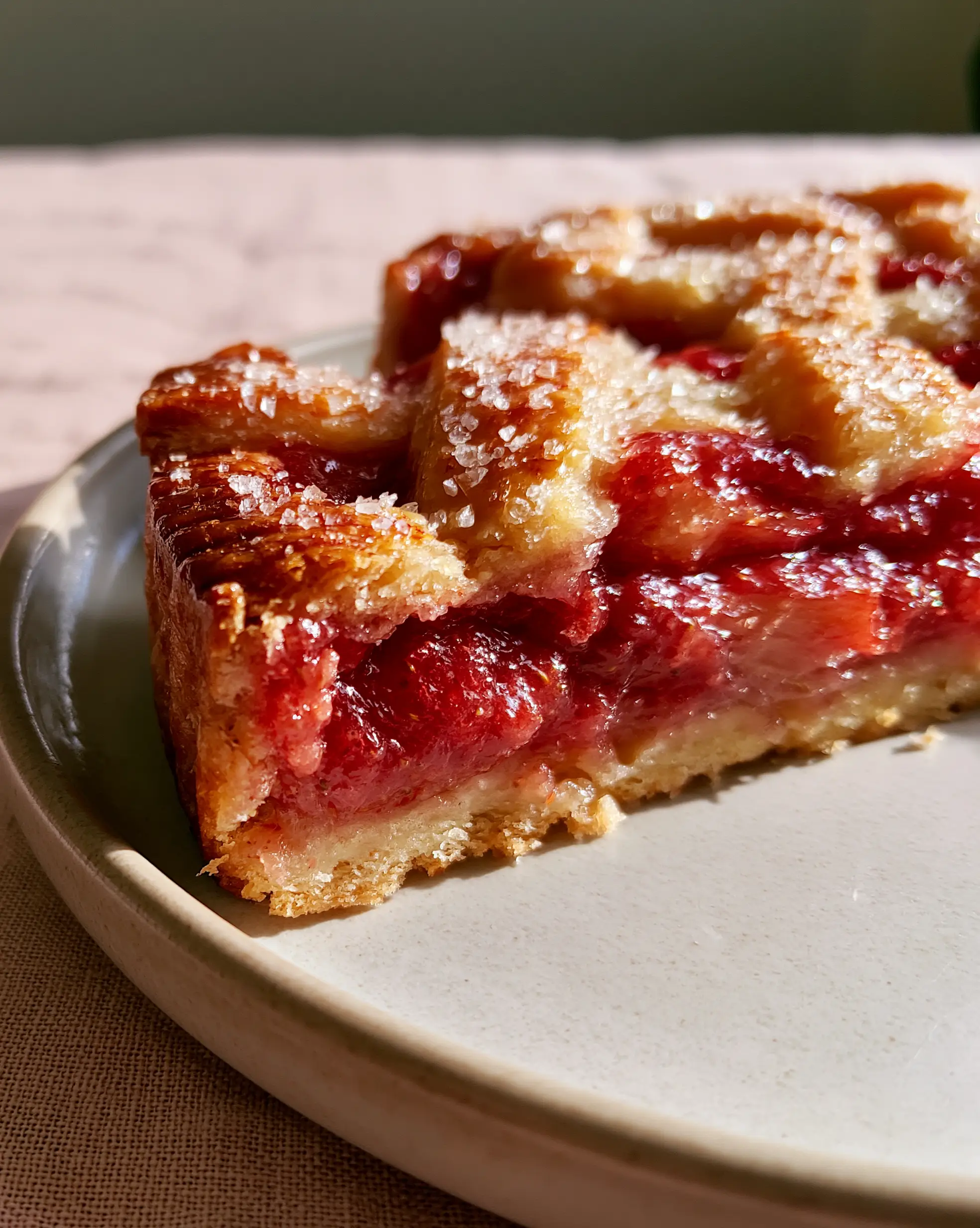 A clean-cut slice of strawberry rhubarb pie showing the jammy deep-red filling and flaky golden crust. (strawberry rhubarb pie)