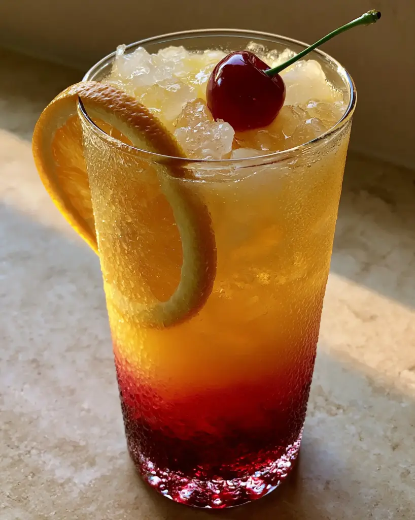 A thin-walled Collins glass with a Malibu Sunrise cocktail showing glistening condensation droplets.