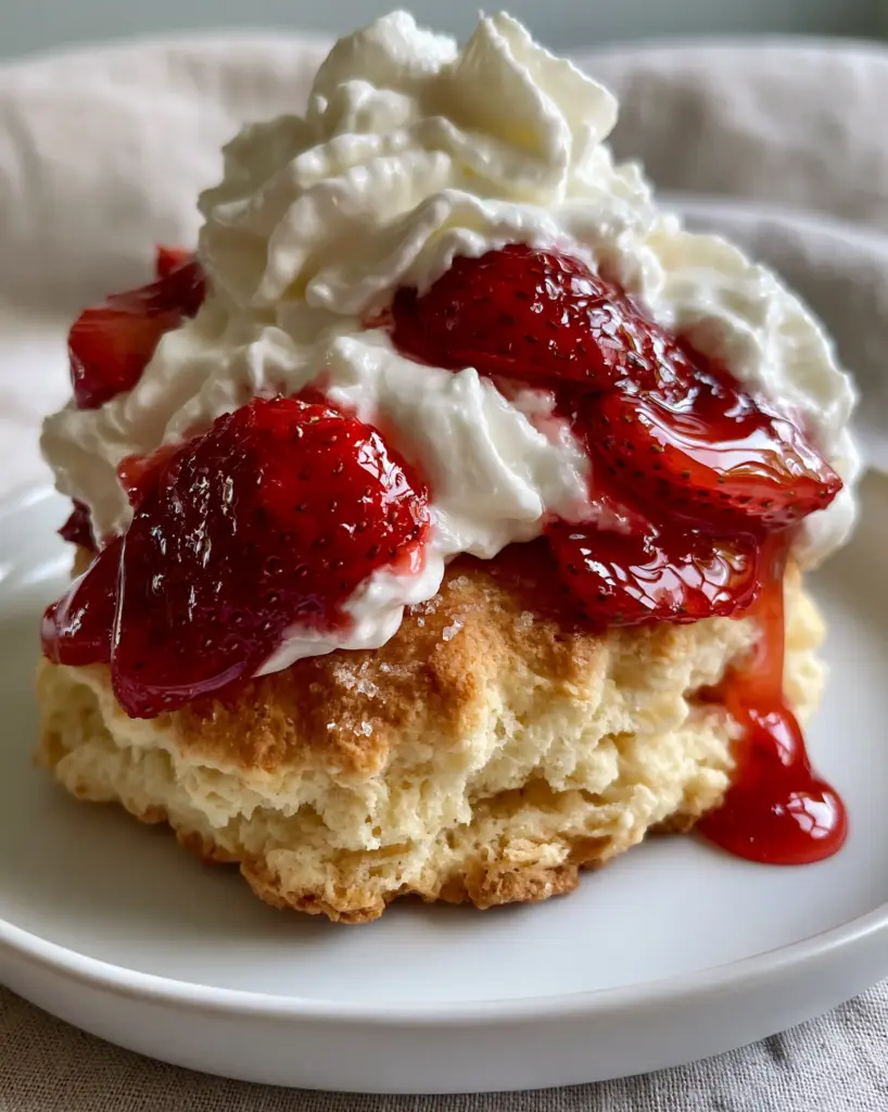 Spoonful of stiff-peak whipped cream and glistening sliced strawberries with ruby-red syrup.