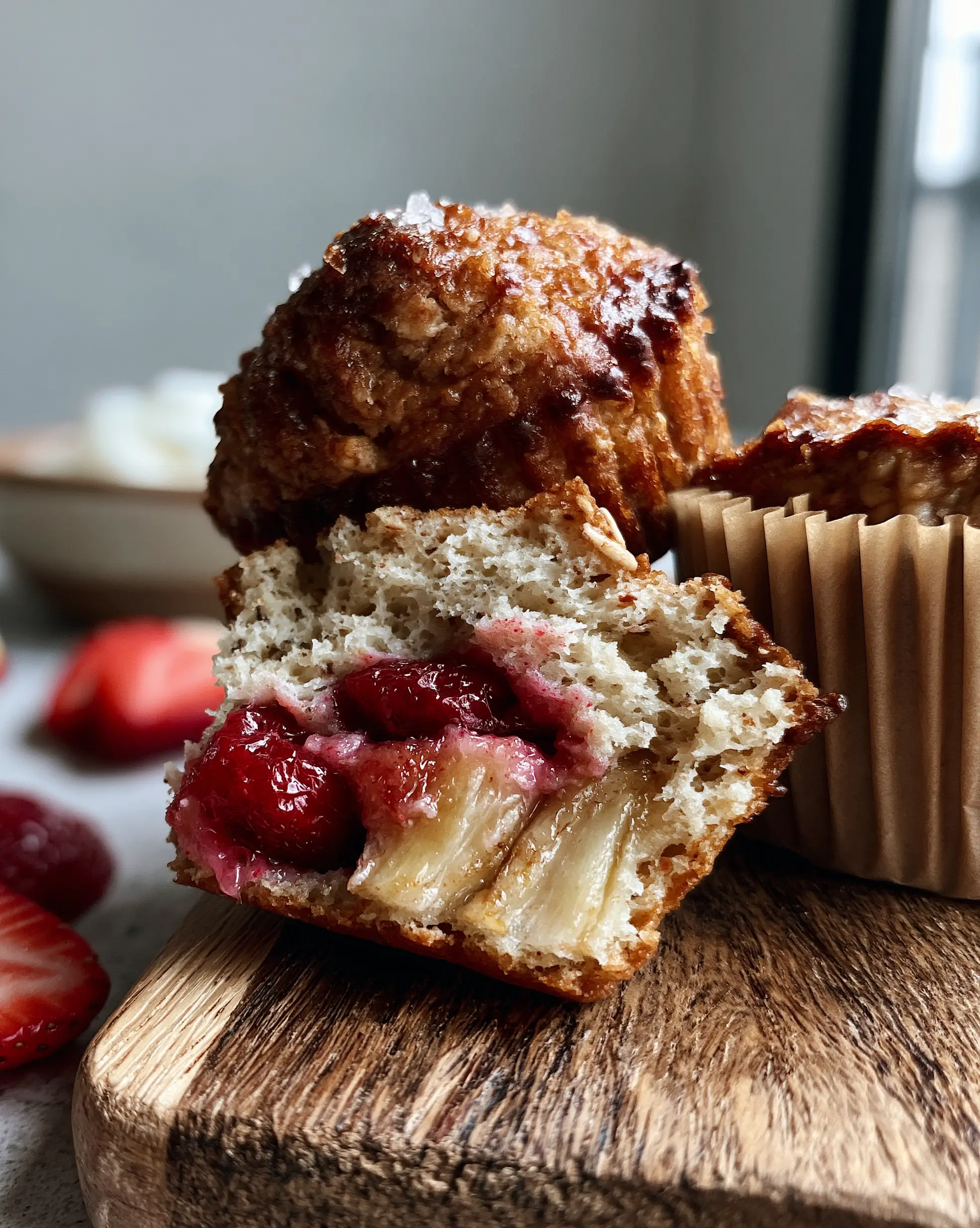 Close up of freshly baked strawberry banana muffins in brown parchment liners with coarse sugar crystals. (strawberry banana muffins)