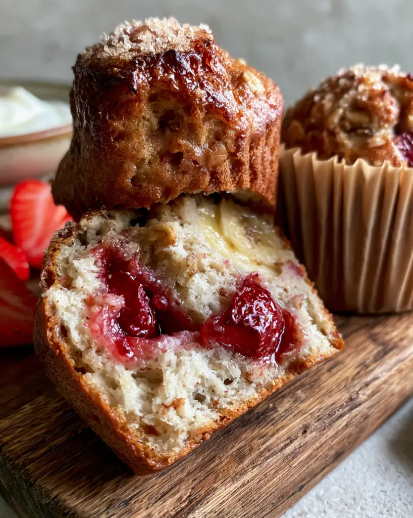 A hand holding a split strawberry banana muffin with a rustic background of fresh strawberries and yogurt. (strawberry banana muffins)