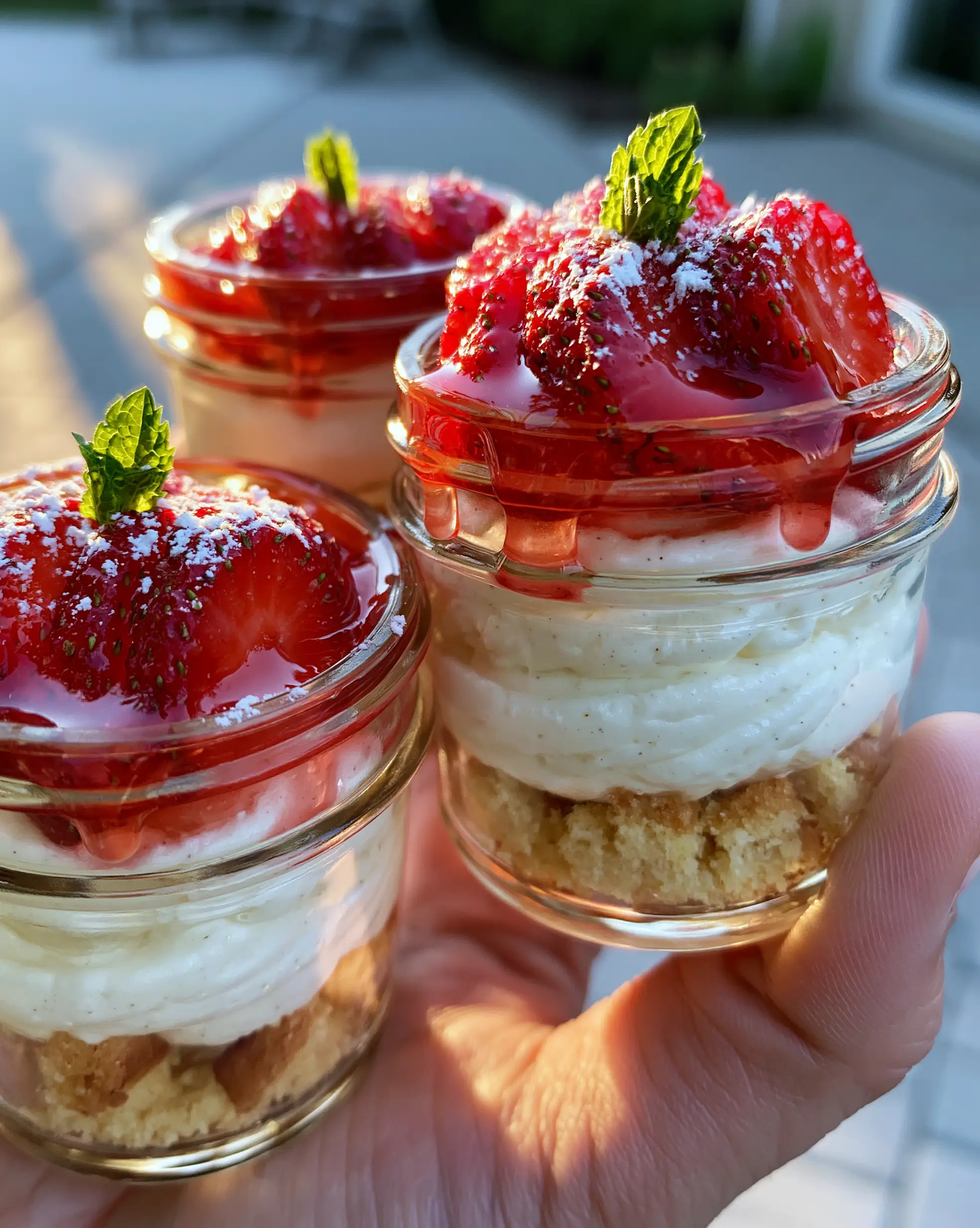 Close up view of the layers in strawberry shortcake cups showing shortbread, cream, and berries.