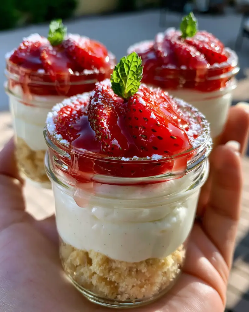 A hand holding three mini mason jar strawberry shortcake cups against a sun-drenched patio background.