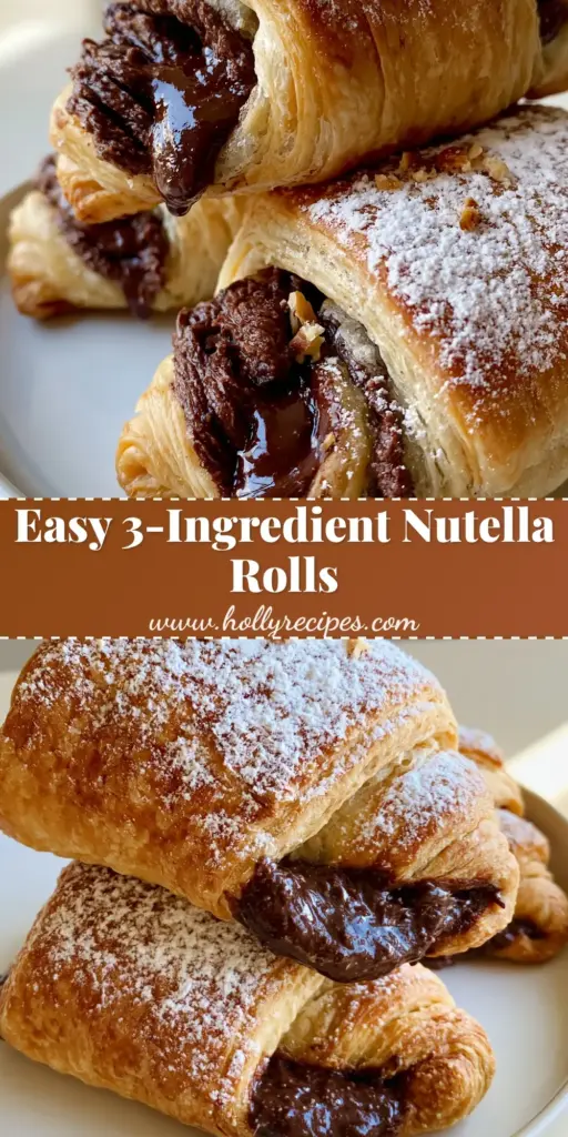 Nutella Rolls: Flaky Puff Pastry Crescent Rolls with Glossy Hazelnut Filling 4 Three freshly baked Nutella rolls stacked on a white ceramic plate, featuring golden-brown flaky puff pastry and glossy chocolate filling.