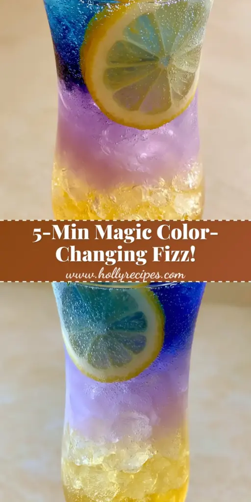 A tall fluted glass featuring a layered Honey Lemon Butterfly Fizz with a golden base, purple gradient, and deep blue top, garnished with mint and a honey drizzle.