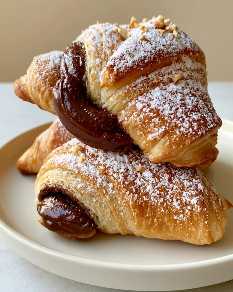 Nutella Rolls: Flaky Puff Pastry Crescent Rolls with Glossy Hazelnut Filling 2 Close-up of Nutella rolls showing the ultra-flaky pastry layers and warm chocolate hazelnut spread oozing from the center.