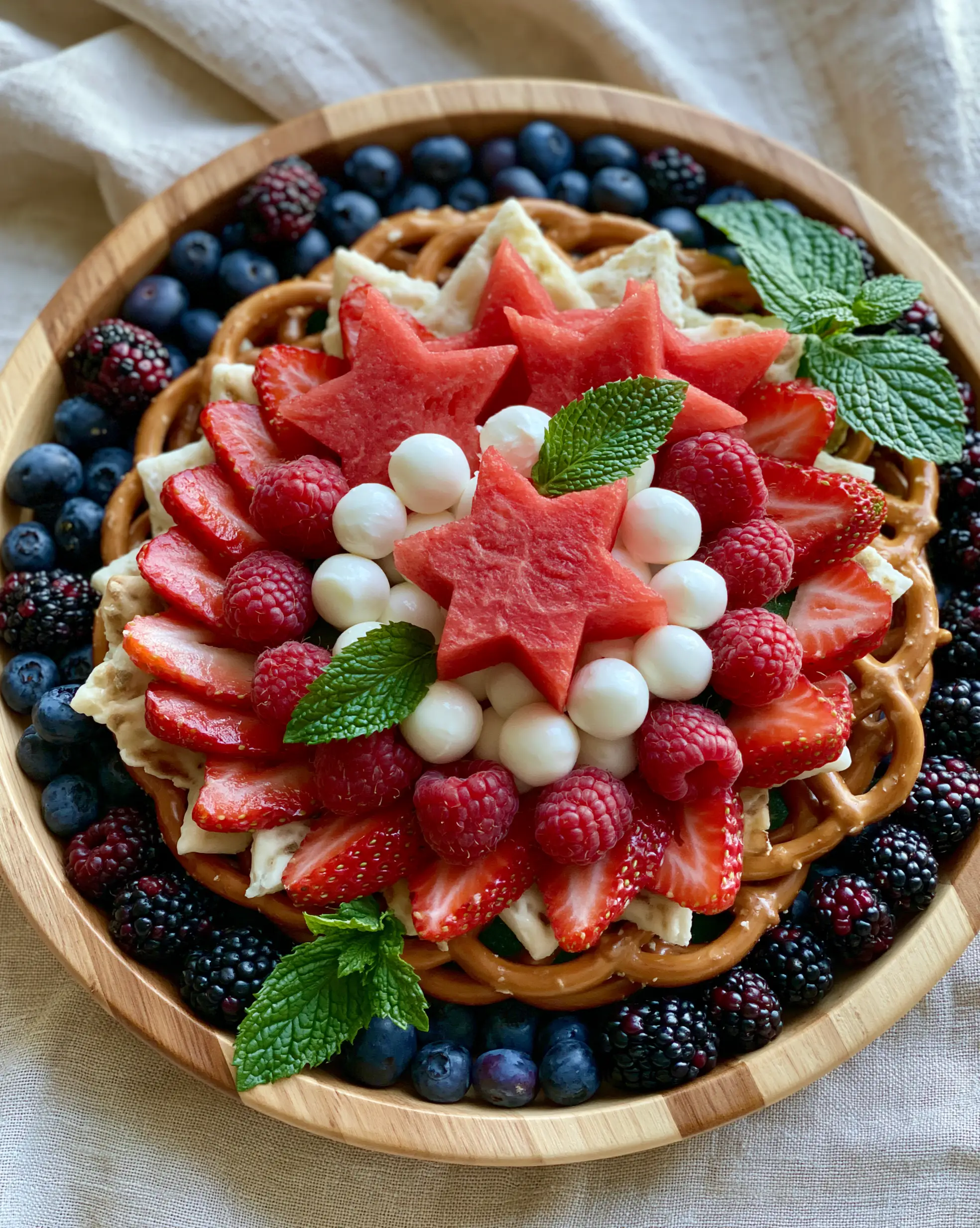 Overhead view of a patriotic fruit and cheese board featuring strawberries and yogurt pretzels. (4th of July party ideas)