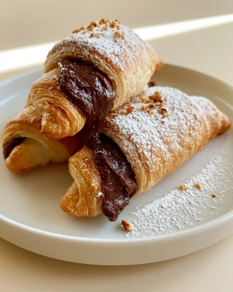 Nutella Rolls: Flaky Puff Pastry Crescent Rolls with Glossy Hazelnut Filling 1 A minimalist overhead shot of freshly baked Nutella rolls dusted with powdered sugar and sprinkled with hazelnut crumbles.