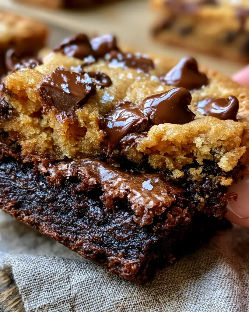 Brookies Cookies: The Ultimate Fudgy Dark Chocolate Brownie Cookie Bars 2 Close-up handheld photo of a warm Brookies Cookies bar being pulled apart, revealing a fudgy center. (Brookies Cookies)