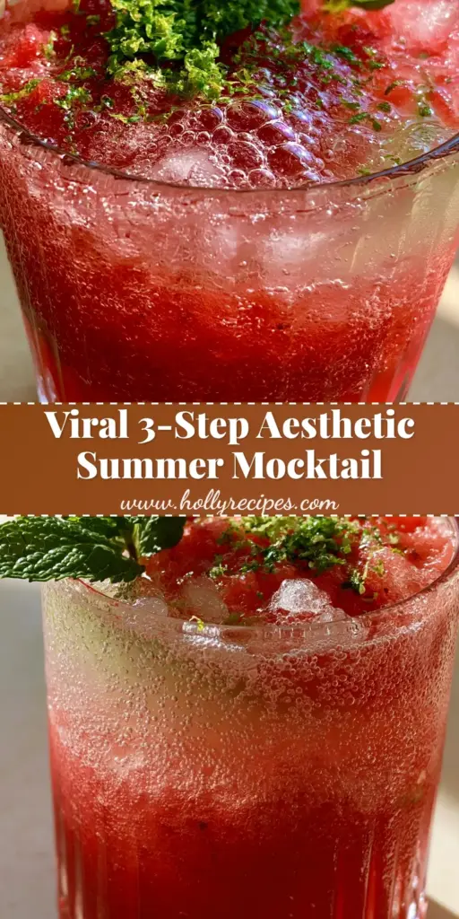 A close-up of a vibrant crimson watermelon mocktail in a ribbed glass with crushed ice and mint. (summer mocktail recipes)