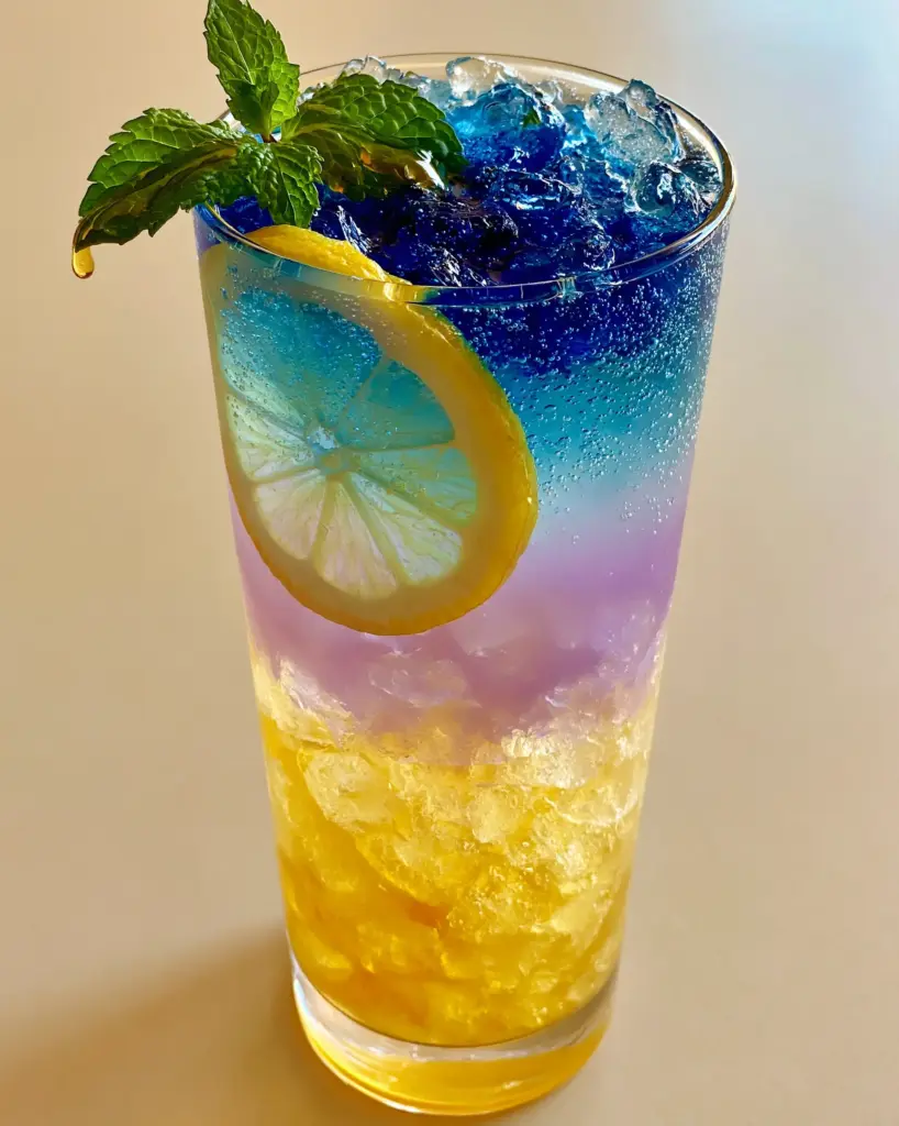 A smartphone-style photo of a Honey Lemon Butterfly Fizz on a neutral beige background with lemon wheels pressed against the glass.
