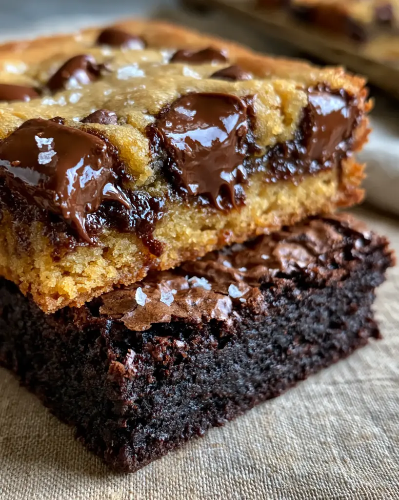 Brookies Cookies: The Ultimate Fudgy Dark Chocolate Brownie Cookie Bars 1 Top-down view of Brookies Cookies in a baking pan with glossy crinkle brownie surfaces and melted chocolate chunks.