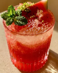 Extreme close-up of a fluted glass with watermelon puree layers and sparkling bubbles. (summer mocktail recipes)