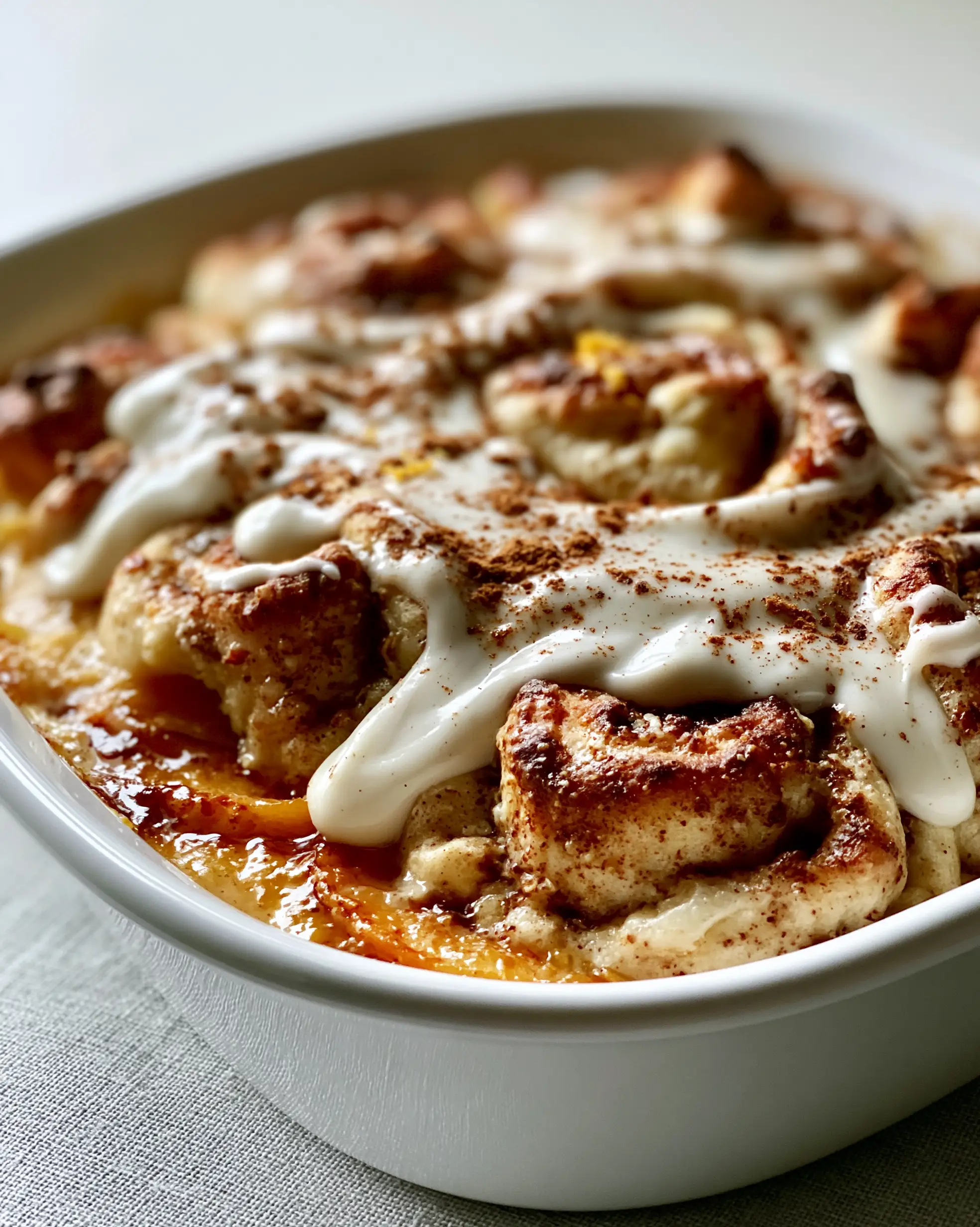 Macro shot of golden-brown peach cobbler cinnamon rolls with bubbling peach syrup and velvety glaze.