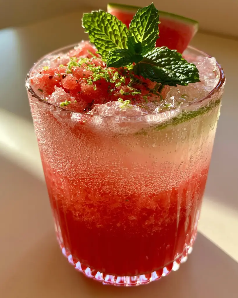 Detailed shot of the slapped mint garnish and lime zest on a watermelon mocktail.