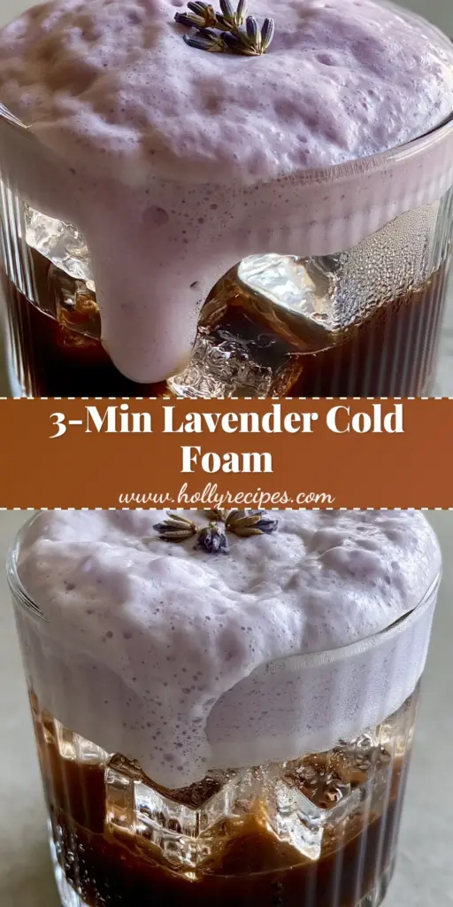 Lavender Cold Foam: The Ultimate Guide to Aesthetic Barista-Style Coffee 4 Aesthetic iced coffee topped with thick pastel-purple Lavender Cold Foam and three lavender buds in a ribbed glass cup.
