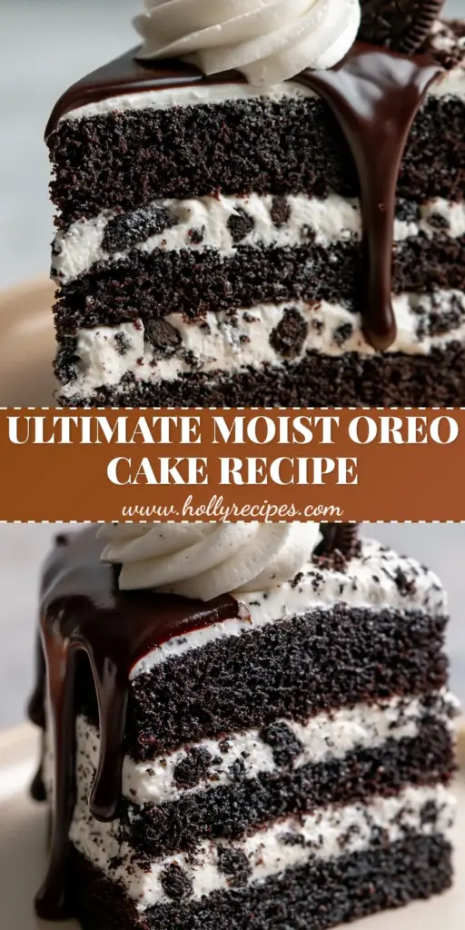 A towering slice of chocolate Oreo cake with black cocoa sponge and white cookies and cream frosting on a cream plate.