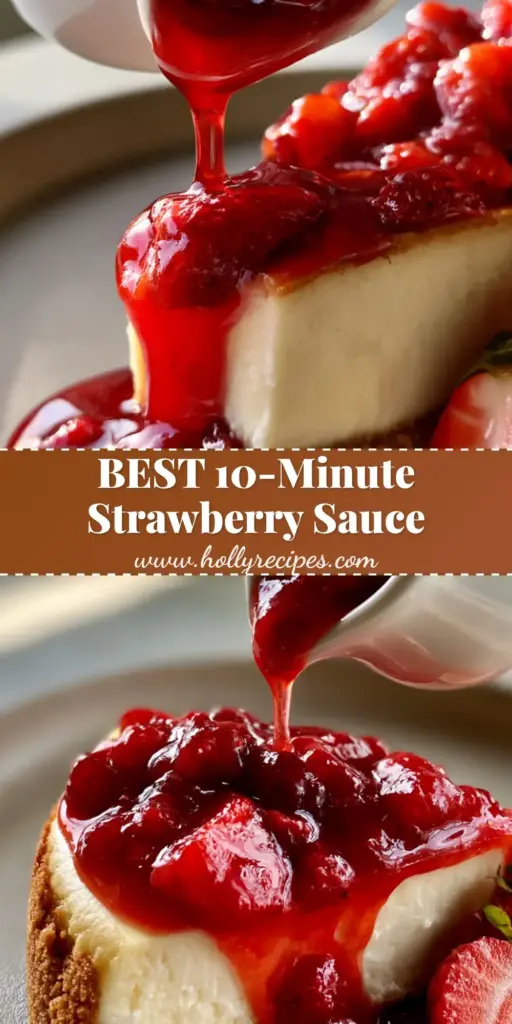 A thick, glossy ruby-red strawberry sauce recipe drizzled over a slice of New York cheesecake on a neutral plate. (strawberry sauce recipe)