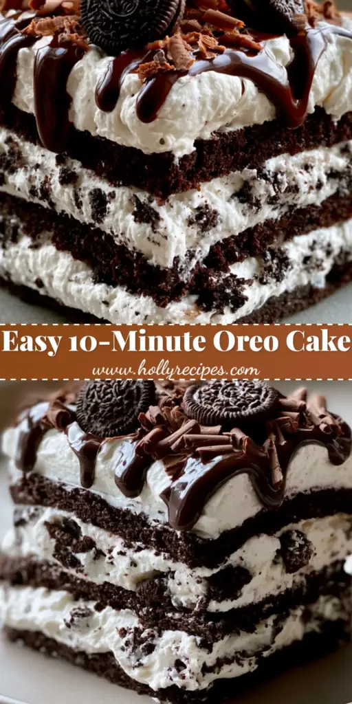 Oreo Cake: The Ultimate No-Bake Chocolate Layer Indulgence 3 A tall slice of no-bake Oreo cake showing distinct layers of cream and cookies on a matte plate.