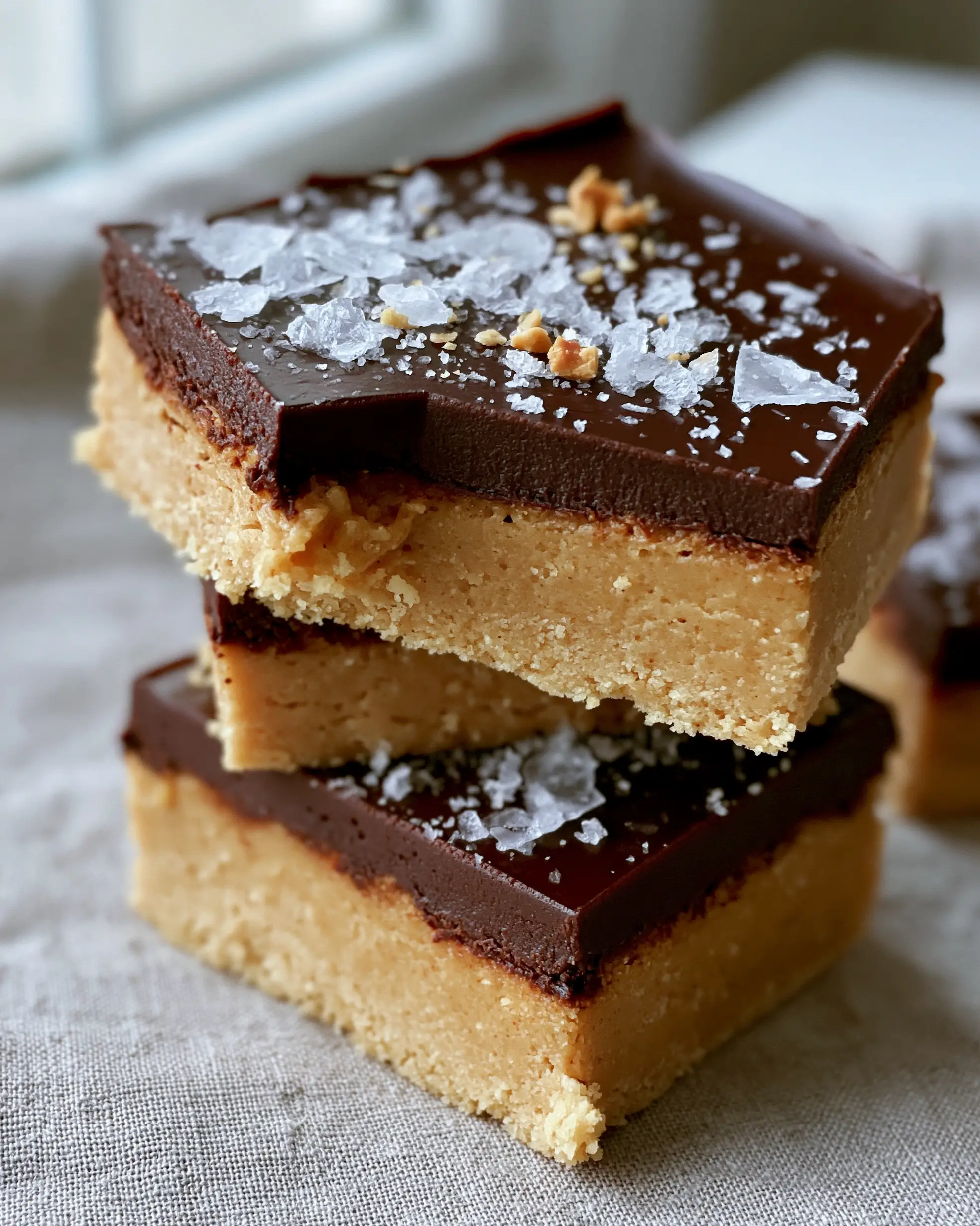 Macro shot of a thick no-bake chocolate peanut butter dessert with a sandy fudge base and glossy dark chocolate top. (no-bake chocolate peanut butter dessert)