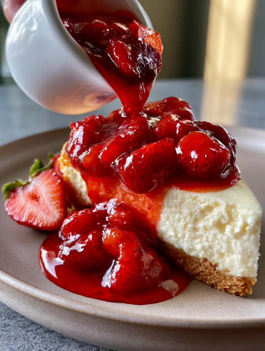 Close-up of thick, ruby-red strawberry sauce with whole fruit chunks being poured from a ceramic pitcher. (strawberry sauce recipe)