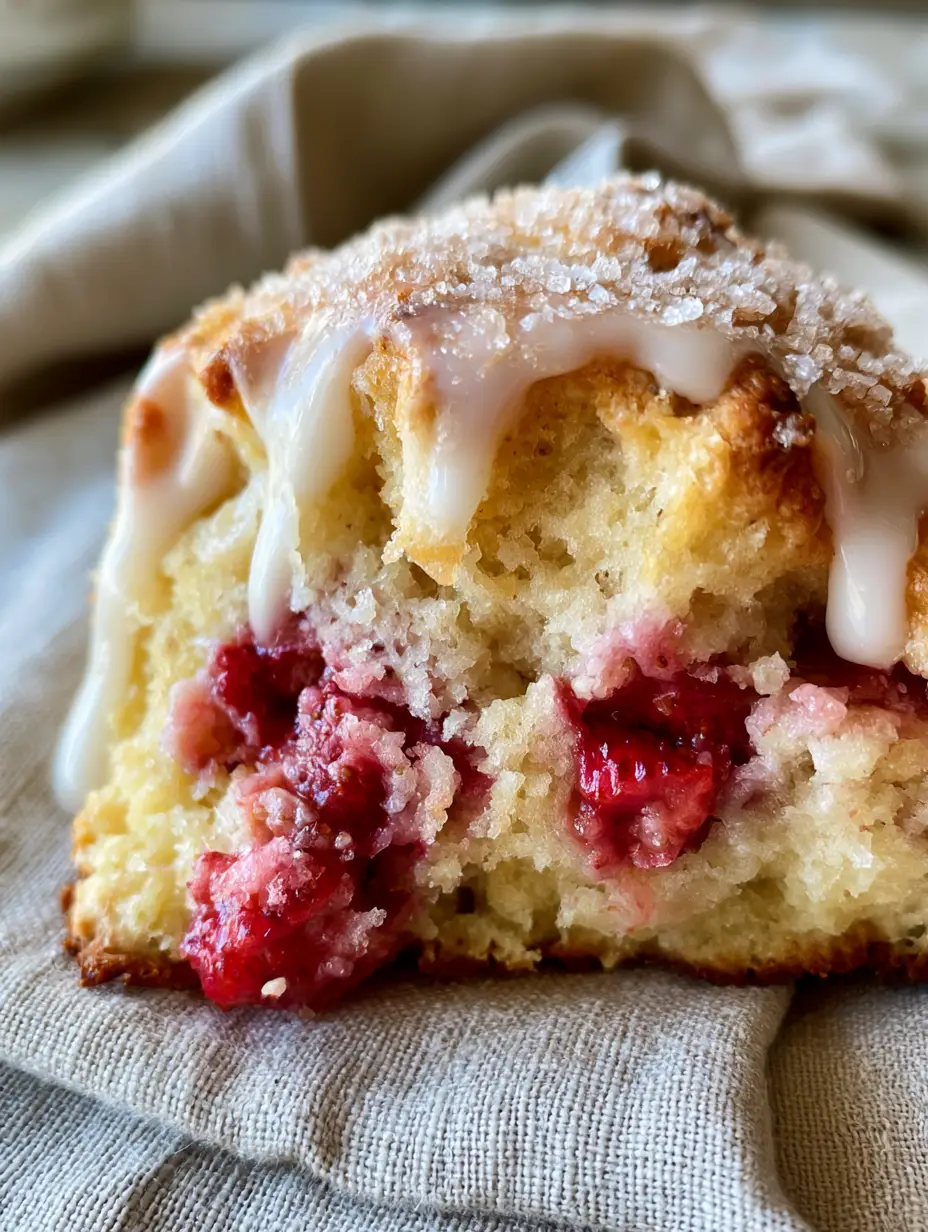 Macro shot of a Strawberry Shortcake Scone broken in half showing a steaming moist interior and jammy fruit.