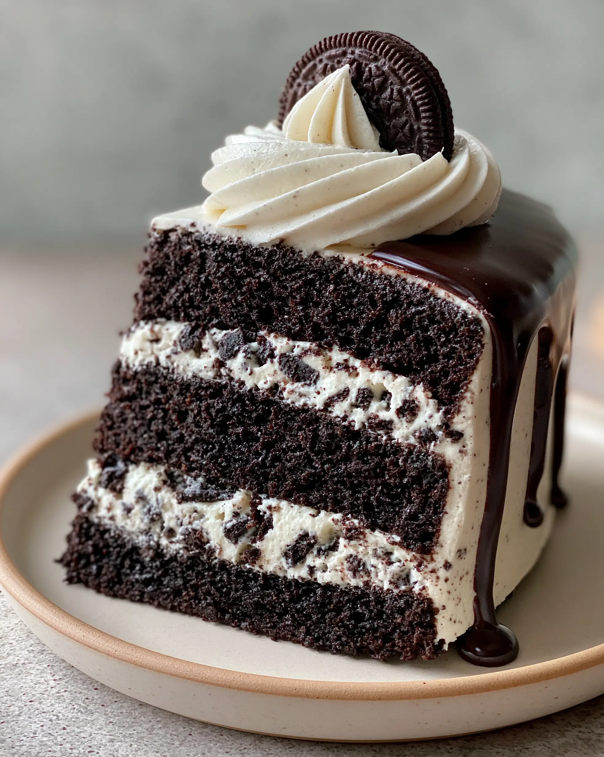 Close-up of chocolate Oreo cake showing the moist black cocoa crumb and thick frosting layers.