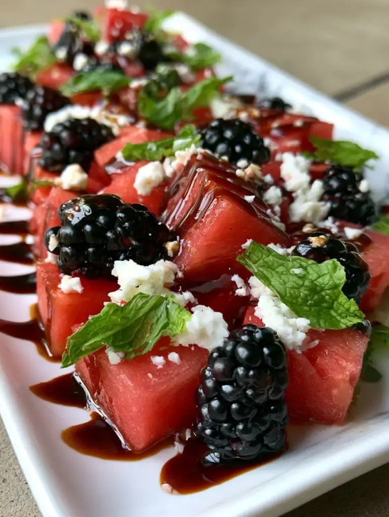 Overhead view of a Labor Day party food platter featuring blackberries and balsamic glaze.