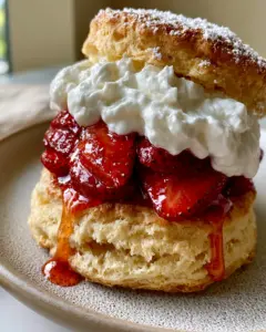 Eye-level close-up of a warm buttermilk biscuit split with billowy whipped cream and ruby-red strawberry syrup dripping down. (Easy Strawberry Shortcake Recipe)