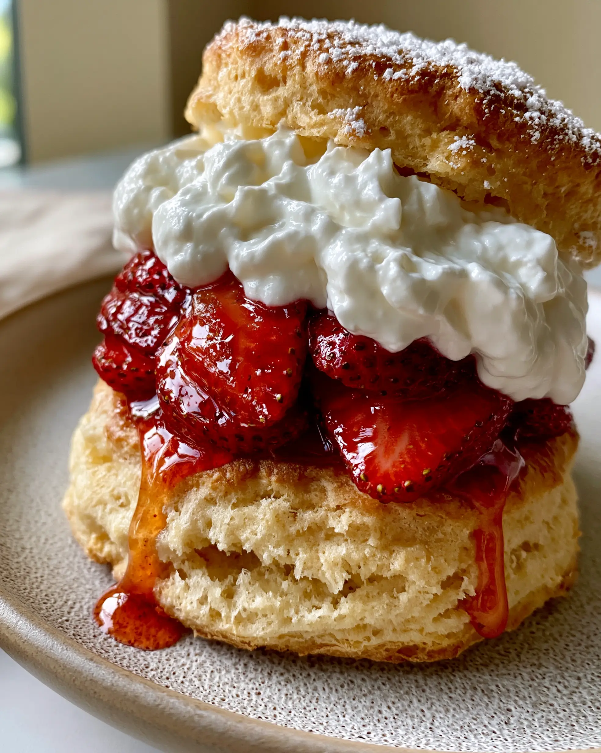 Easy Strawberry Shortcake Recipe: Flaky Homemade Buttermilk Biscuits and Glistening Berries 3 Eye-level close-up of a warm buttermilk biscuit split with billowy whipped cream and ruby-red strawberry syrup dripping down. (Easy Strawberry Shortcake Recipe)