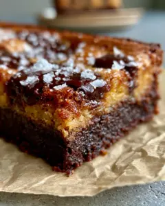 Extreme close-up of a brown butter brookie bar on parchment paper with melted chocolate puddles and salt flakes.