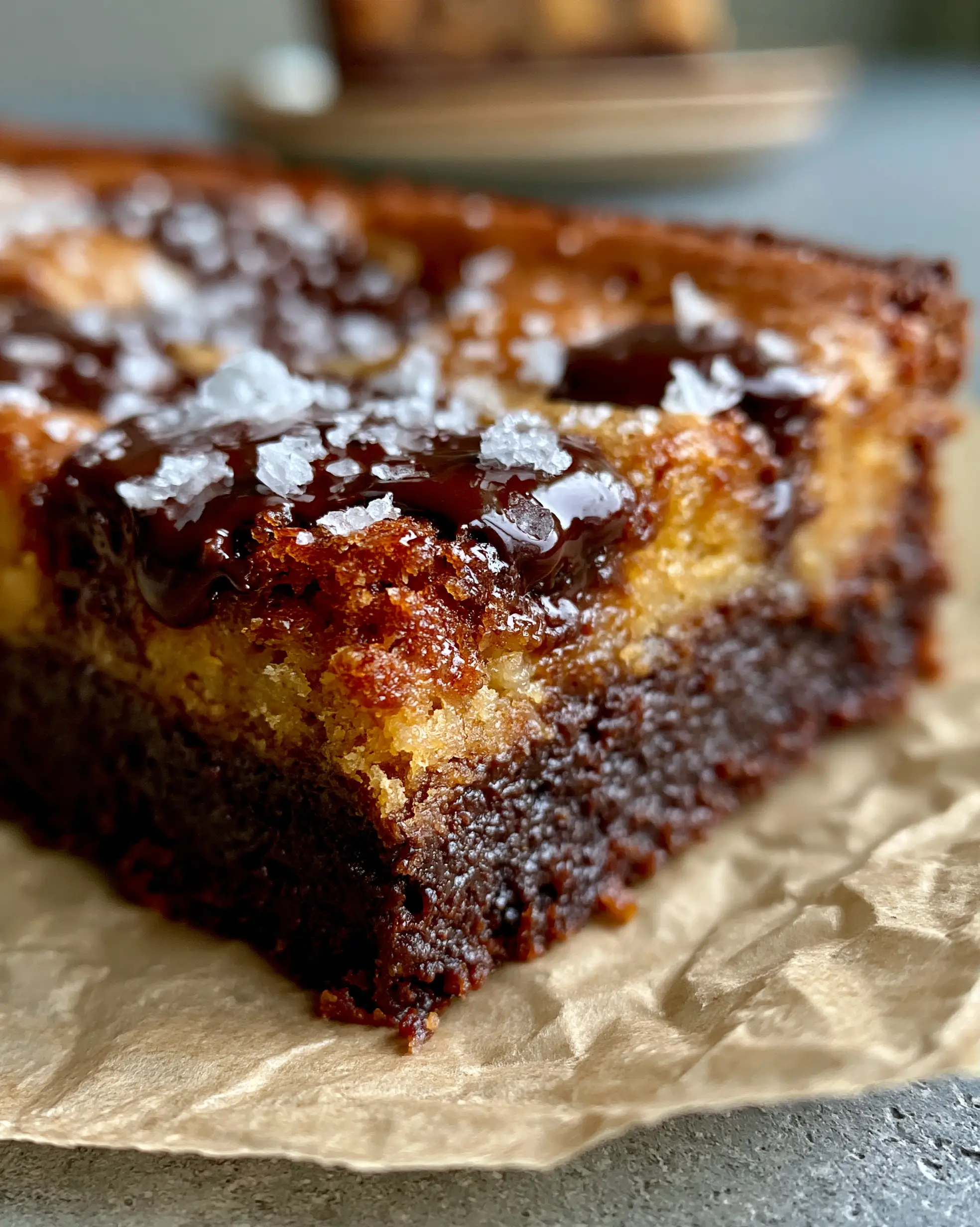 Extreme close-up of a brown butter brookie bar on parchment paper with melted chocolate puddles and salt flakes.