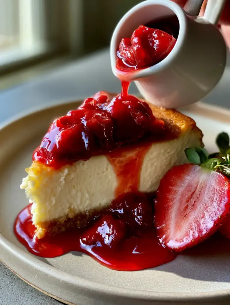 A decadent slice of cheesecake topped with thick strawberry sauce and garnished with fresh halved strawberries.