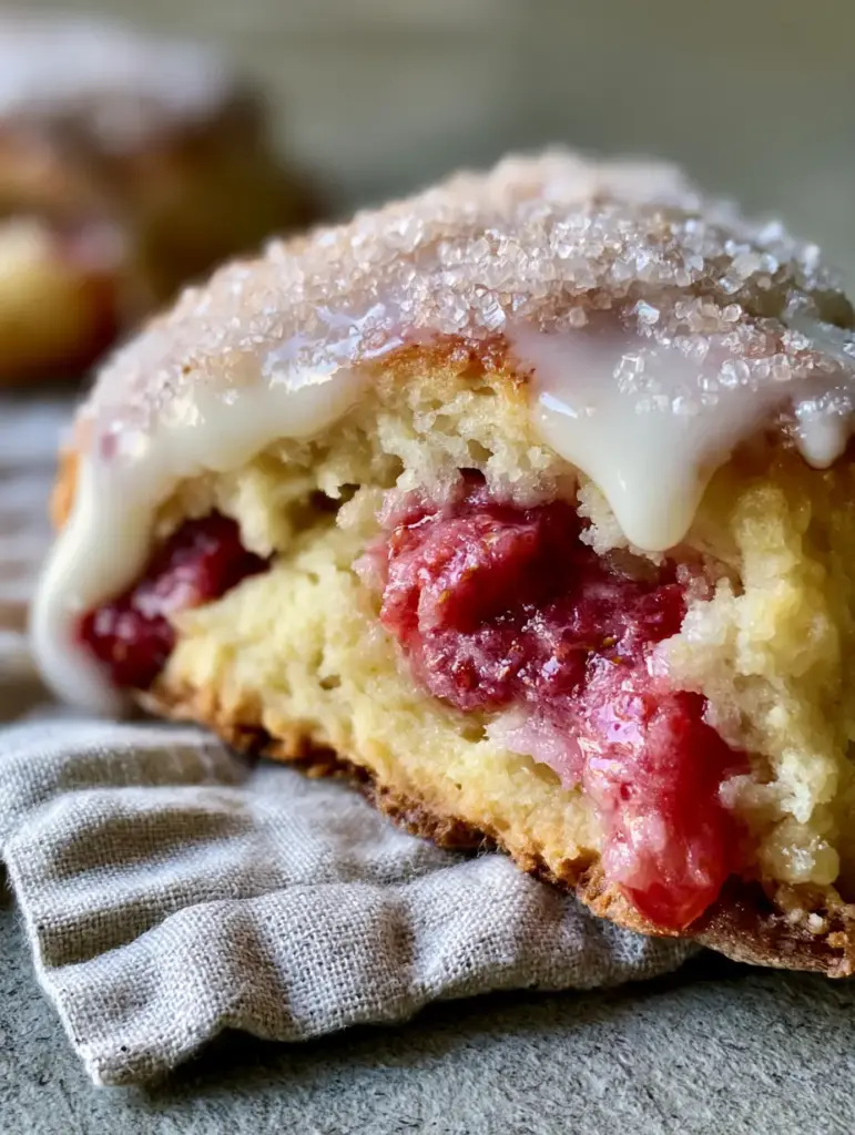 Close-up of the thick vanilla cream glaze dripping over the craggy edges of a Strawberry Shortcake Scone.