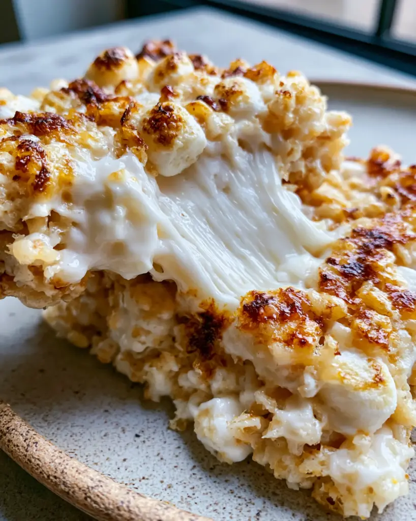 Rice Krispie Treats Recipe: The Ultimate Brown Butter and Gooey Marshmallow Masterpiece 1 Overhead view of a rustic ceramic dish holding several gourmet rice krispie treats with toasted cereal and marshmallow folds.