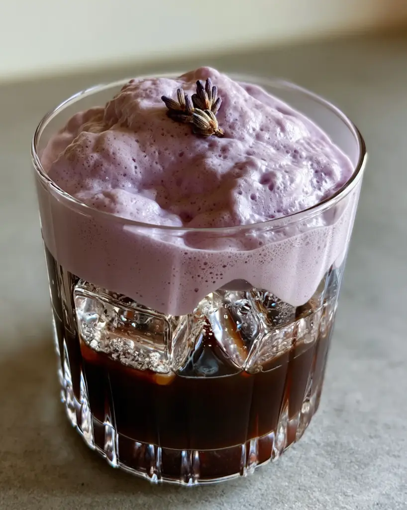 Lavender Cold Foam: The Ultimate Guide to Aesthetic Barista-Style Coffee 1 Morning side-light illuminating a Lavender Cold Foam drink on a concrete countertop with condensation beads on the glass.