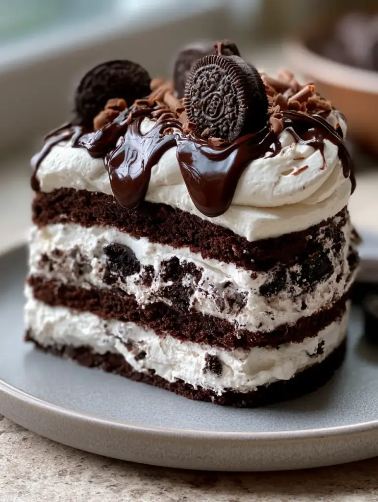 Oreo Cake: The Ultimate No-Bake Chocolate Layer Indulgence 1 Overhead view of a whole Oreo cake decorated with grated chocolate curls and mini Oreos.
