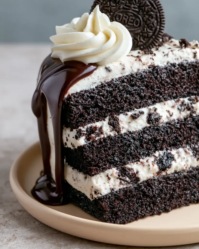 Side view of a chocolate Oreo cake slice with a thick dark chocolate ganache drip.
