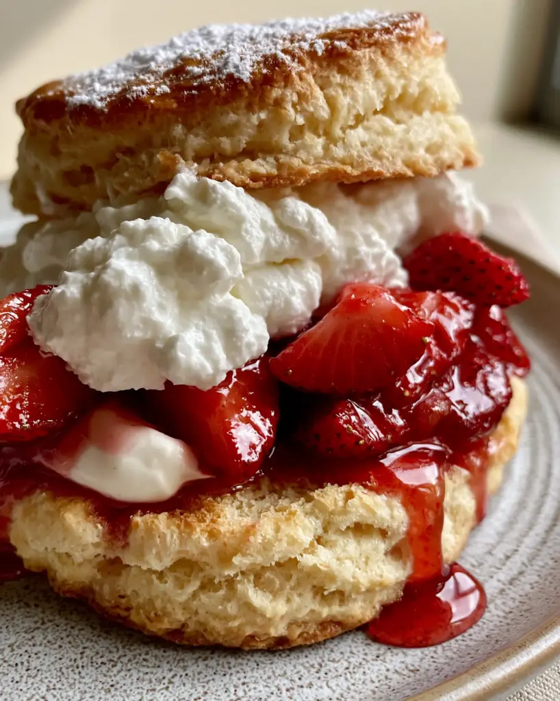 Easy Strawberry Shortcake Recipe: Flaky Homemade Buttermilk Biscuits and Glistening Berries 1 A freshly baked golden-brown flaky buttermilk biscuit dusted with powdered sugar and layered with juicy sliced red strawberries.