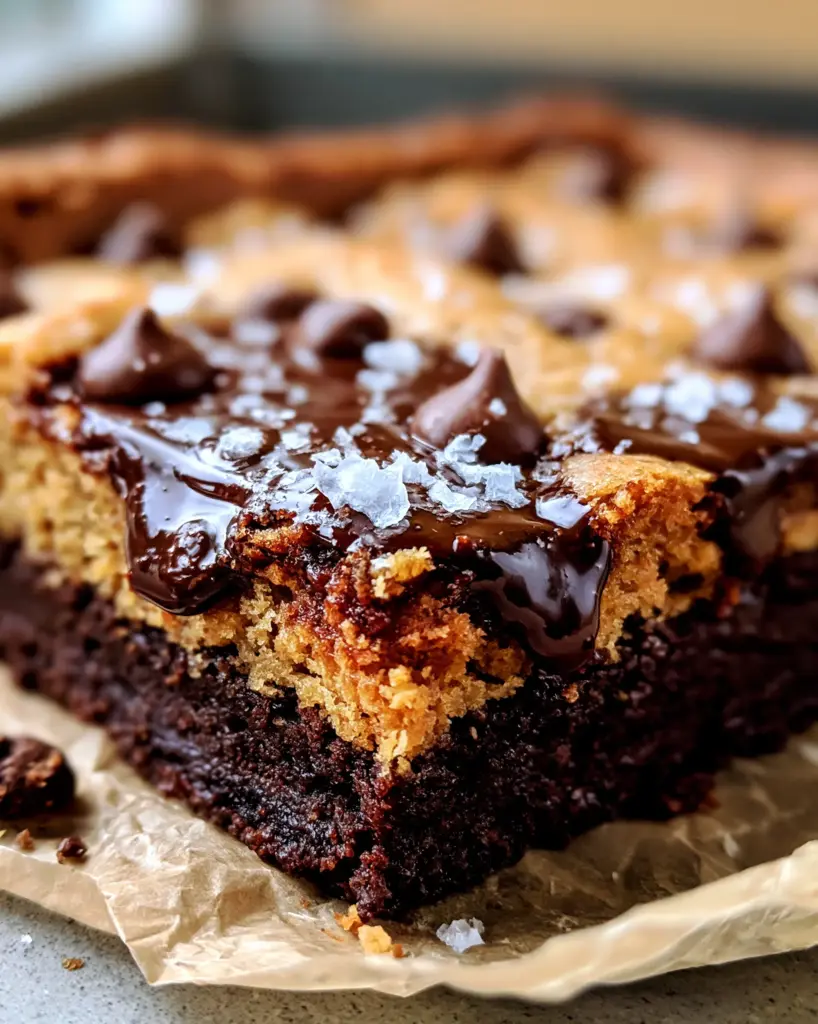 Side view of a sliced brookie showing the dense dark chocolate brownie base and caramelized cookie top.