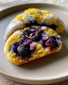 A handheld smartphone photo of a lemon blueberry cookie broken in half to show the soft golden dough and jammy blueberries. (lemon blueberry cookies)