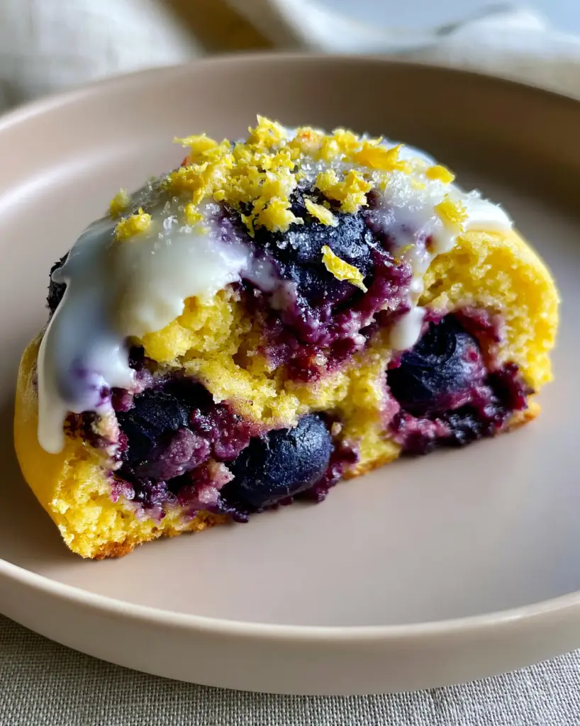 Close up of a lemon blueberry cookie with thick white glaze pooling on top and yellow zest flakes garnish.