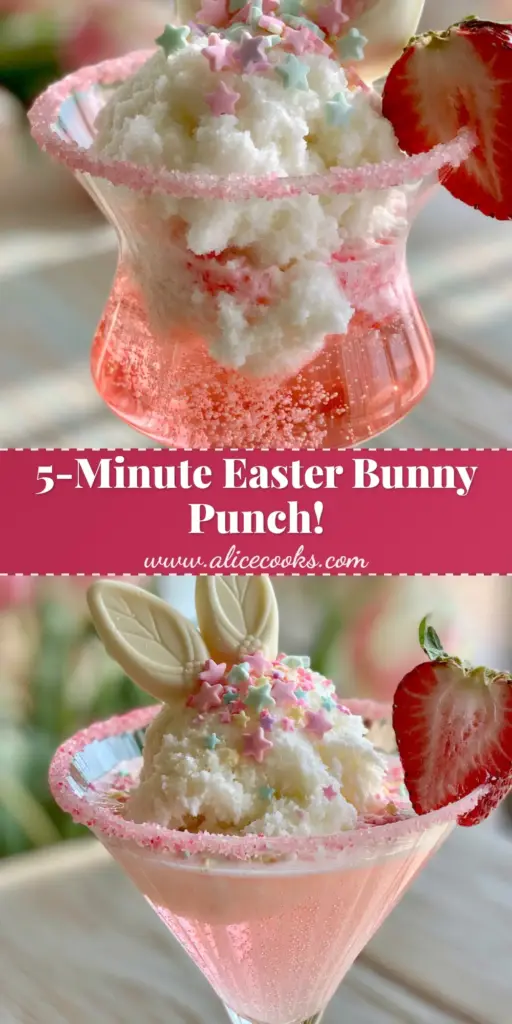 A close-up vertical shot of the Easter Bunny Punch in a sugar-rimmed fluted glass with white chocolate ears and pastel sprinkles.