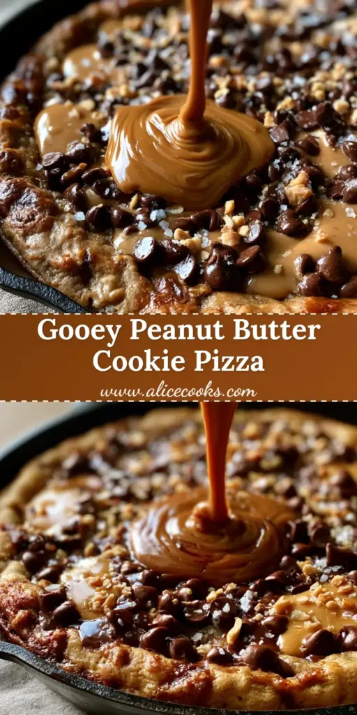 A handheld smartphone photo of a giant Peanut Butter Chocolate Chip Cookie Pizza in a black cast iron skillet with a warm peanut butter drizzle being poured over the center.